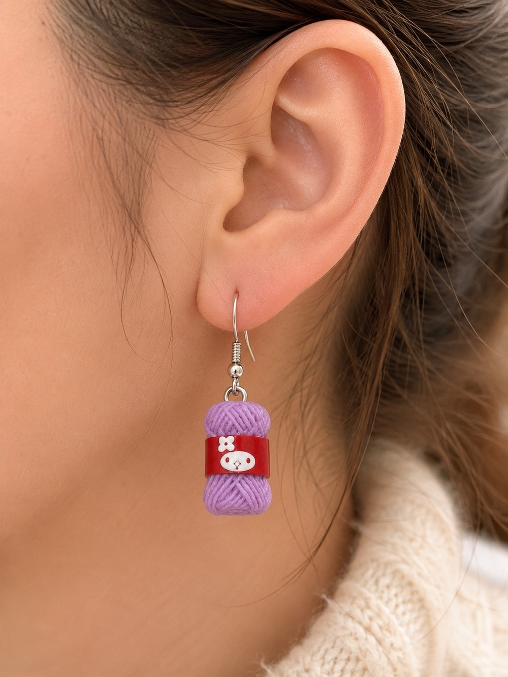 Cute Lilac Yarn Ball Skein Dangle Drop Earrings Kawaii